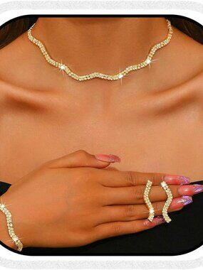 Rhinestones Bridal Wedding Jewelry Set Choker Necklaces Earrings Bracelet Sets P